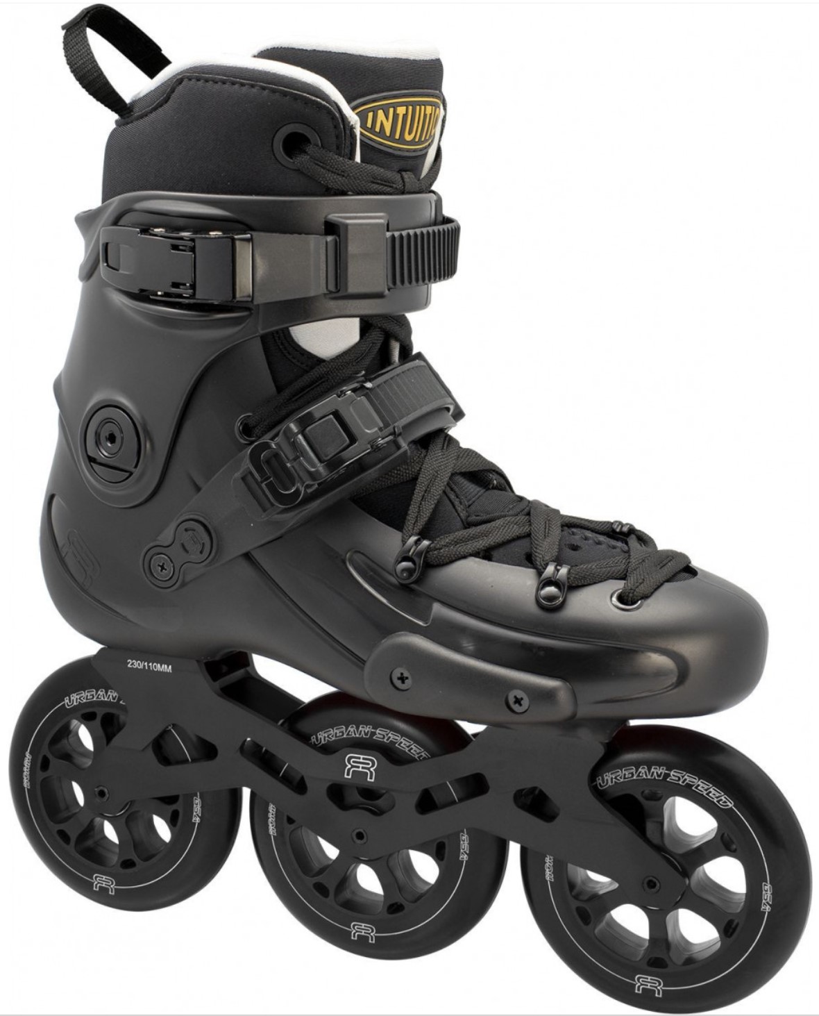 black FR1 310 Intuition inline skate for urban skating with three black wheels of 110 mm diameter